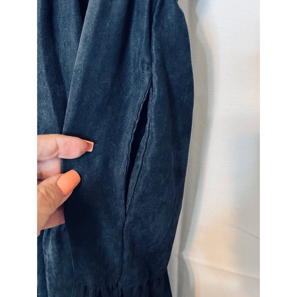 XL Black Midi Button-Up Dress Rolled Sleeves Pockets Millennium Casual Boho - Picture 10 of 16